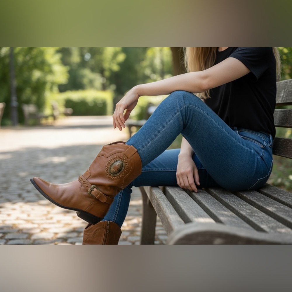 Leather Craft Brown Western Ankle Boots Y2K Size 5 Bohemian Cowgirl Vintage